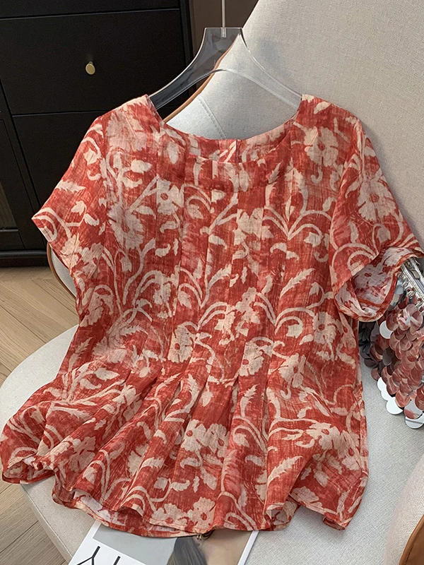 

Retro Print Pure Flax Women's irt Summer round Ne Artistic Design Top Button Clip Label Loose Fit ort Sve Casual Wear