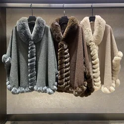 Women Turn-Down Faux Fur Collar Topcoat Loose Cloak Winter Warm Thick Velvet Poncho Cape Batwing Sleeve Cardigan Long Shawl Coat