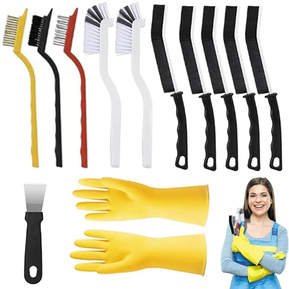 

Щетка для чистки щелей, 12 шт., многофункциональный инструмент для чистки с жесткой щетиной и резиновыми перчатками для кухни, ванной комнаты, углов, швов.