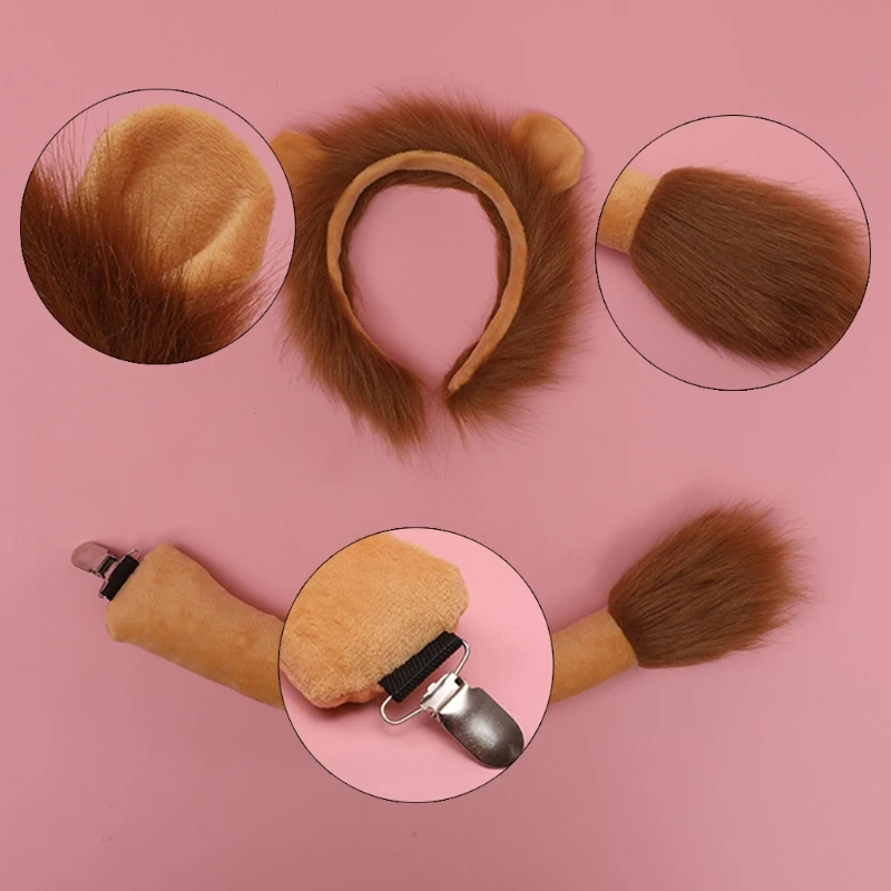 Cosplay Furry Animal Lion Ears Hair Hoop Tail Set Costume Long Fur Headpiece for Halloween Party Decoration