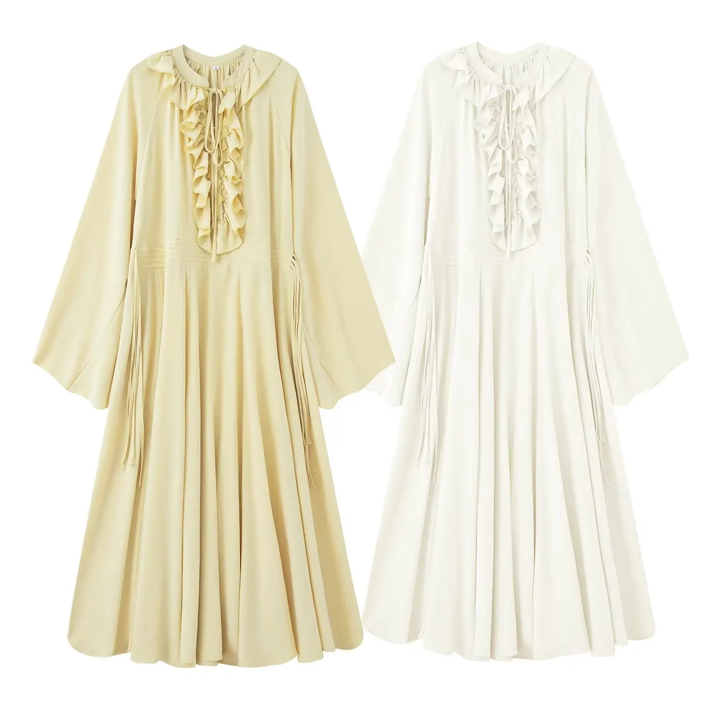 2025 vestido de estilo ondulado francés a la moda para mujer con cordones de manga larga vestido largo suelto Casual Vestidos largos por debajo de la rodilla Vestidos