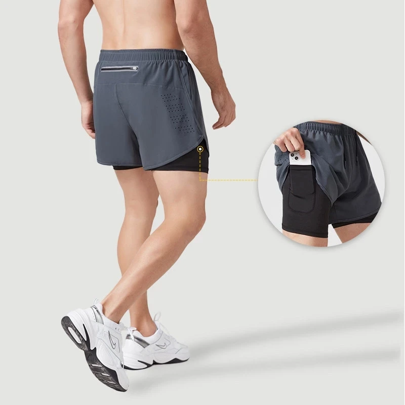 Calção de corrida de camada dupla de secagem rápida masculina, fitness, preto, esporte, treino, musculação, calça curta, novo