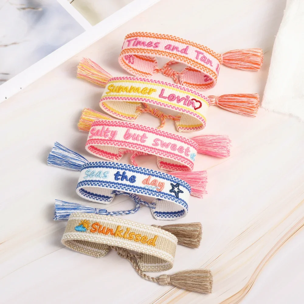 

Bohemia Style Summer Colorful Embroidery Alphabet Bracelet For Women Handmade Woven Tassel Wrist Band Fashion Jewelry Wholesale