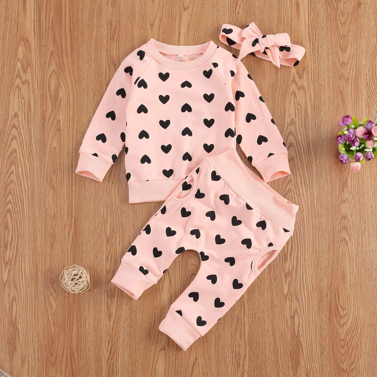 Spring Autumn Toddler Kids Baby Girl Clothes Set Printed Heart Pullover Tops + Trousers Pants 2PCS Clothes 0-24 Months