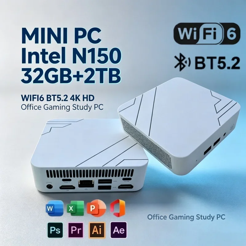 Intel N150 Mini PC Version 16GB RAM 2TB SSD Dual Band WiFi6 4K HD Pocket PC Compact Lightweight Gaming Office Desktop Computer