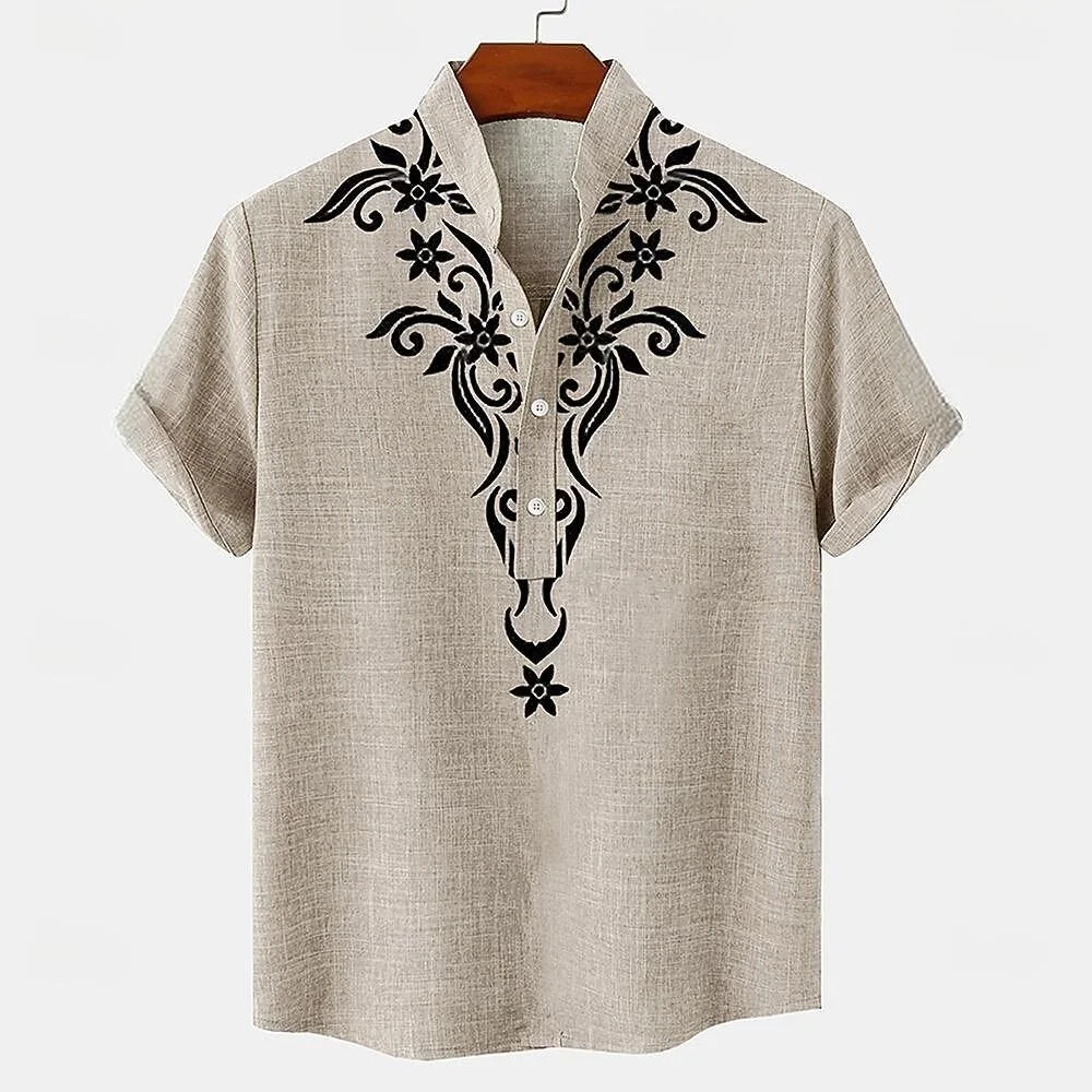 

Digital printed retro pattern, fashionable trend, street outdoor, high-quality and comfortable linen men's short sleeved shirt