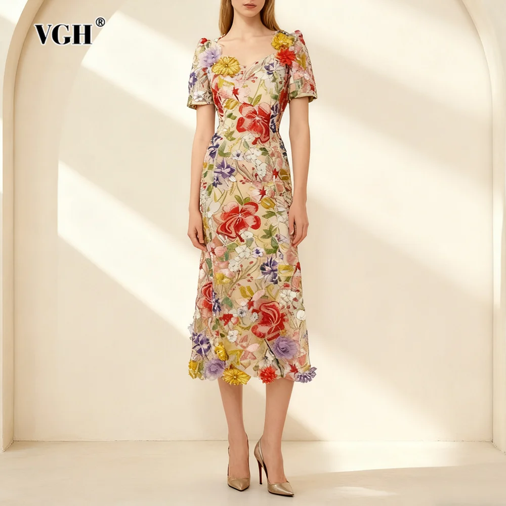 

VGH Elegant Spliced Appliques Slimming Long Dresses For Women Square Collar Short Sleeve High Waist Design Sense Dress Female