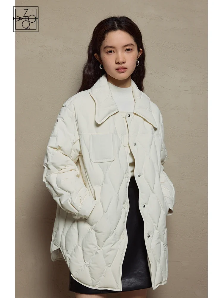 ZIQIAO Simple Loose Shirt-style Solid Color Down Jacket for Women Winter 2023 New Warm Design White Duck Down Coats Female