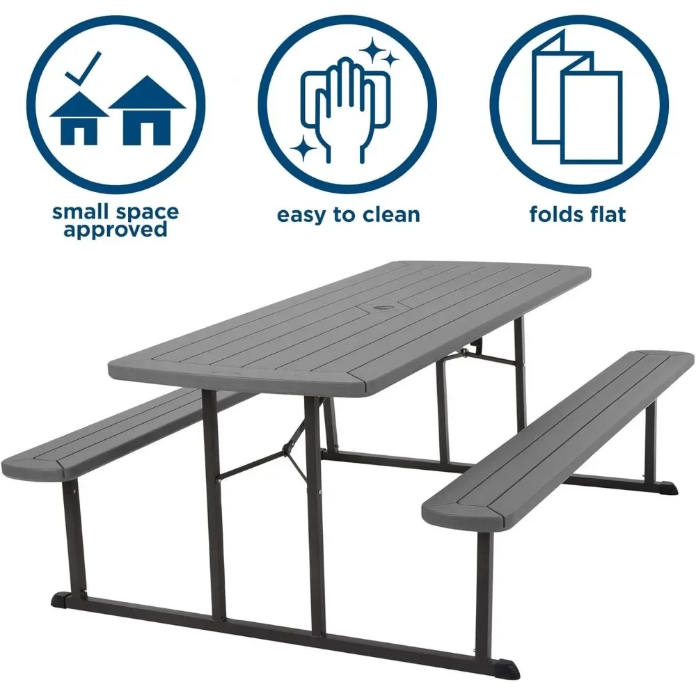 Table de pique-nique pliante de 6 pieds, table de pique-nique en bois gris foncé et résine de Mars avec pieds en acier gris