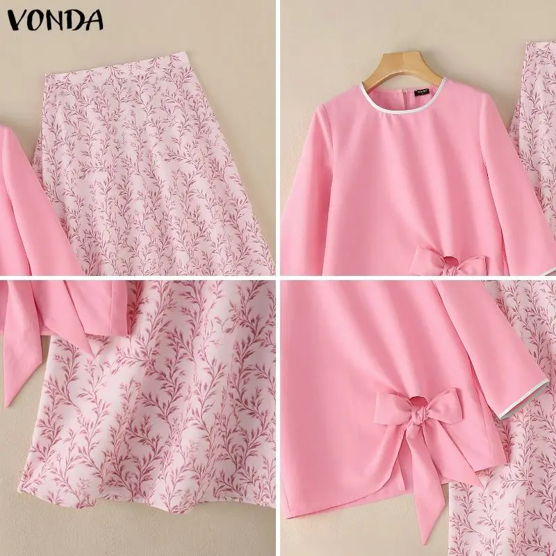 VONDA Fashion Women Plus Size Sets Summer Spring Dress Sets 3/4 Sleeve Tops Floral Print Long Skirts 2PCS OL Two-piece Outfits 2
