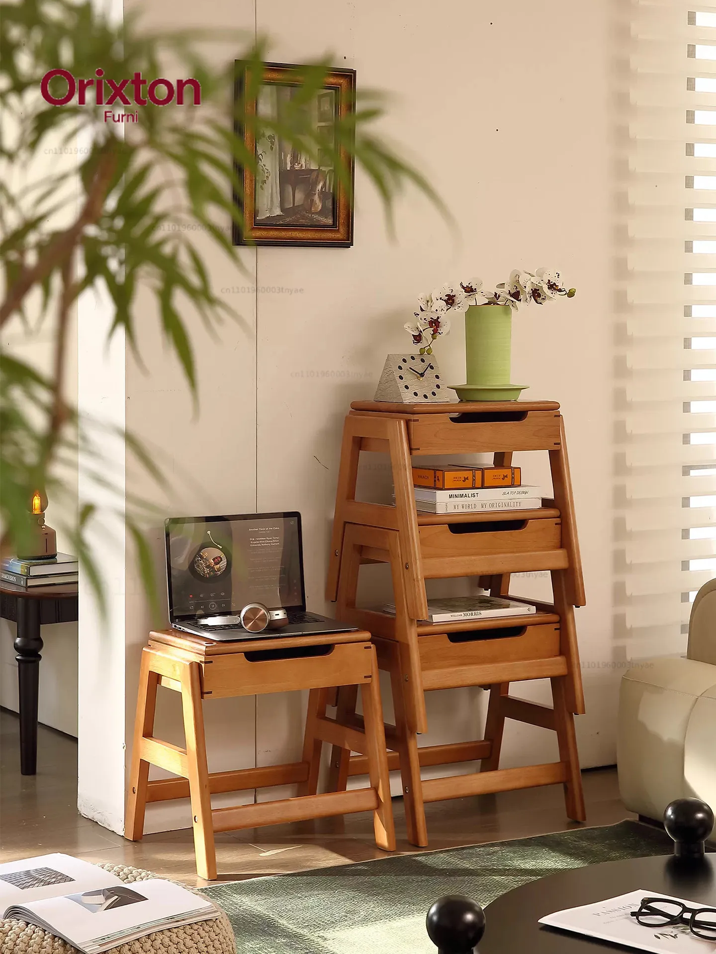 Solid wood cherry stackable low stool multi-functional living room storage dining chair bedroom bedside storage shoe change chil