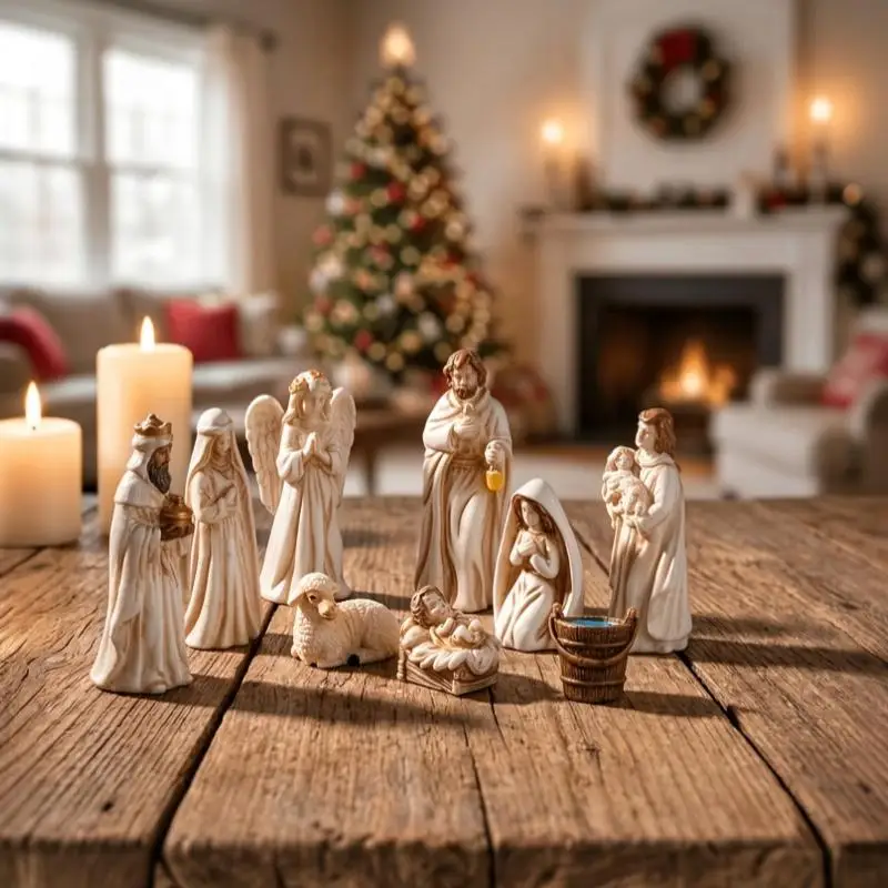 8pcs Christmas Resin Saints Mary  Baby  Angel Sheep Statues Desktop Micro Landscape Resin Small Ornaments