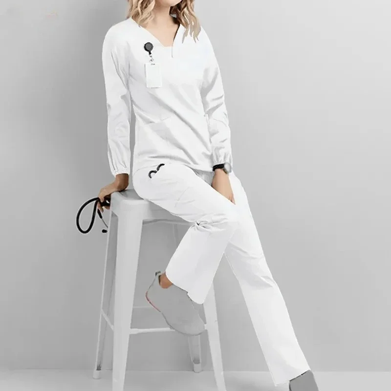 Scrubs Medische Uniformen Vrouwen 2025, Lange Mouw V-hals Zak Zorgpersoneel T-shirt Tops Sets Herfst Uniformes De Enfermera Mujer