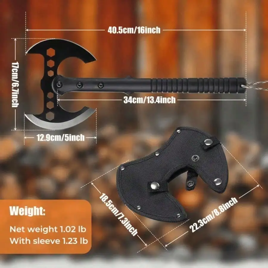 Hand Forged 16 Inch Bushcraft Axe Portable Survival Hatchet with Wood Handle Sheath Gloves Tool Card for Chopping Wood Black - view 4