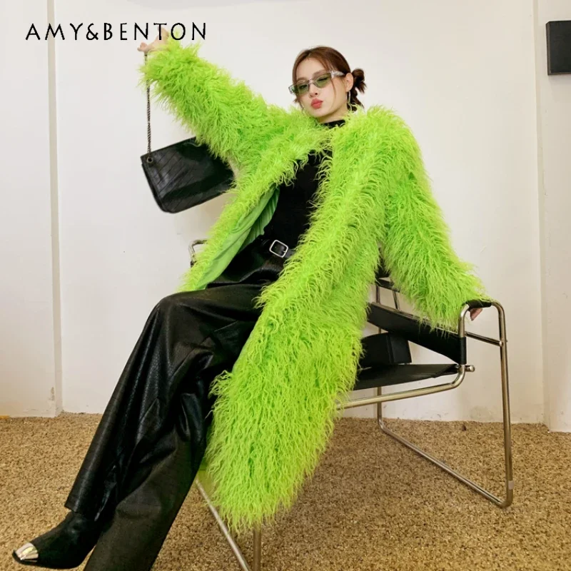 

2023 Autumn And Winter New Unique Fruit Green Faux Fur Color Coats Imitated Sheep Furry Woolen Overknee Long Warm Jacket Women