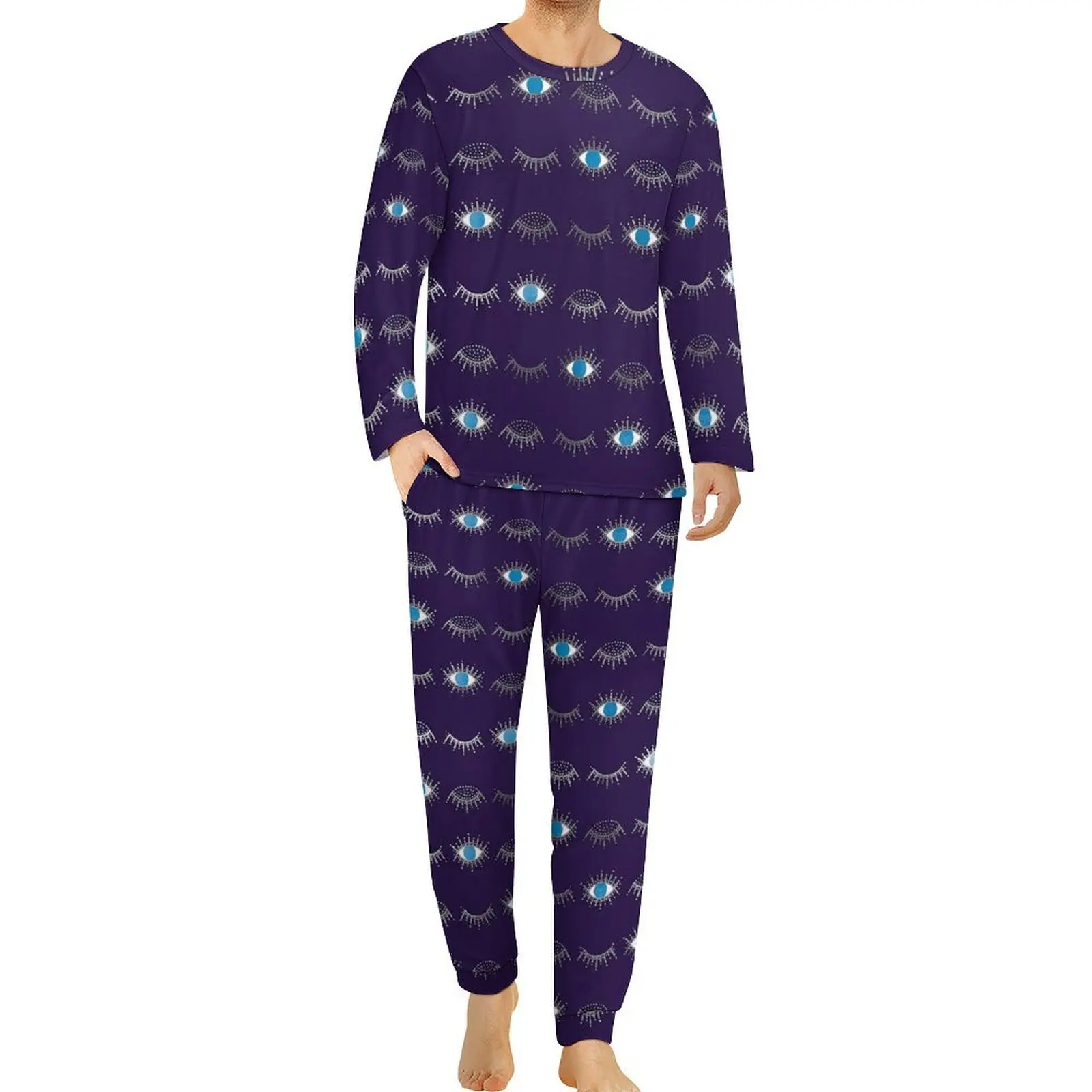 Purple Silver Eyelashs Pajamas Long Sleeve Blue Evil Eye 2 Piece Sleep Pajama Sets Spring Men Design Warm Oversized Nightwear