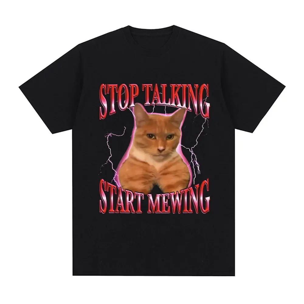 Stop Talking Start Mewing T-Shirt Funny Cute Cat Meme Graphic Short Sleeve T Shirts 100% Cotton Comfort Loose T-shirts Oversized