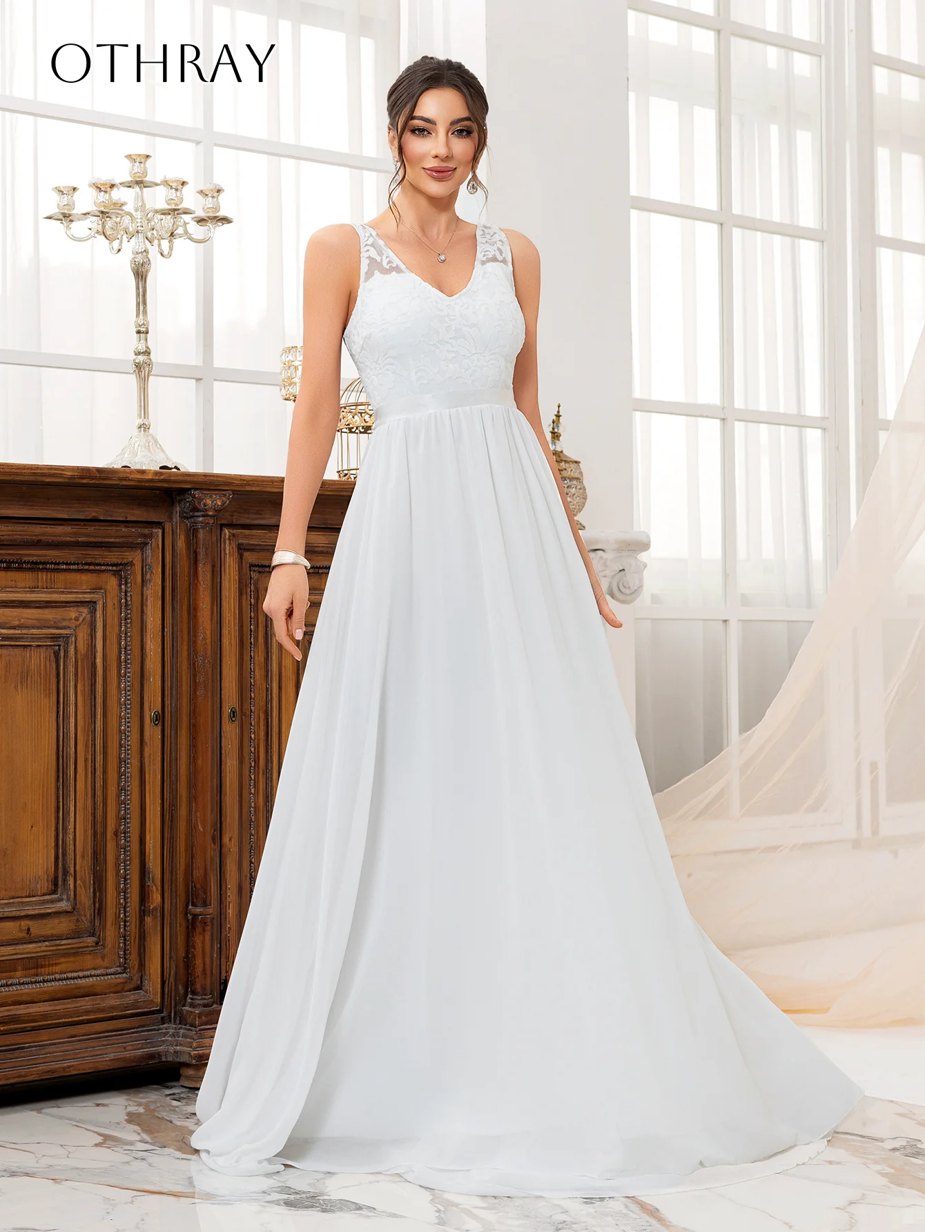 V-Neck Lace A-line Bridal Gown Sleeveless Pleated Backless Chiffon Sweep Train Customized Vestidos De Novia