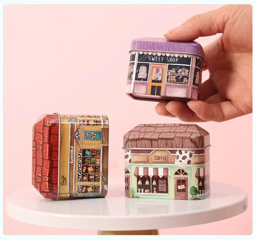 Mini Shop Design Collectables Tin Box Little House Seal Storage Box Candy Chocolate Container Small Packing Gifts for Kids Girl