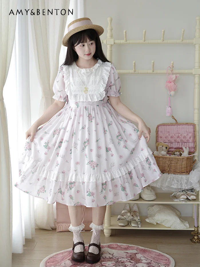 

Sweet Pastoral Style Vintage Printed Round Neck Short Sleeve Slim Mid-Length Dress for Women Summer Cute Daily Lolita Dresses