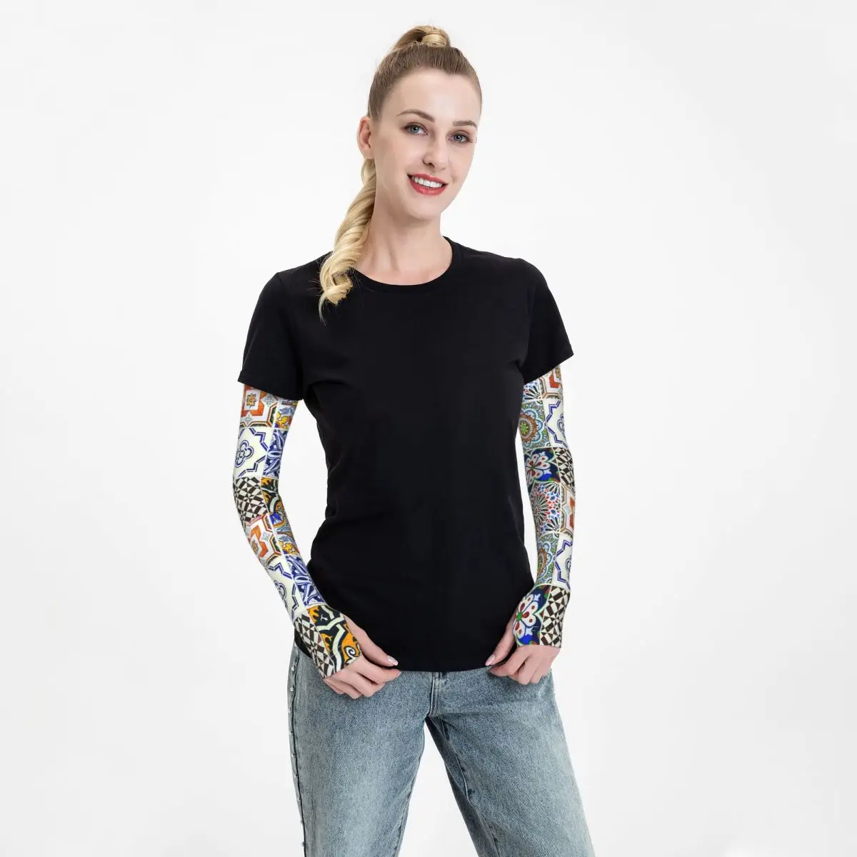 Colorful Portuguese Tile Outdoor Arm Sleeves Sun UV Protection Cover Summer Ice Silk Cycling Tattoo Sleeves