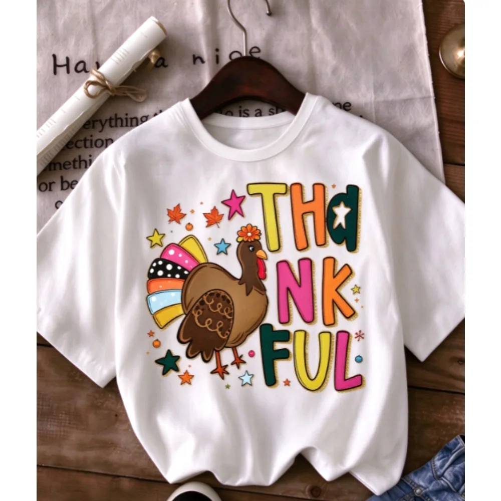 Women Thankful Cute Turkey Colorful Letter Graphic T-Shirt Fall Star Print Crew Neck Short Sleeve Cotton Tee Thanksgiving Casual
