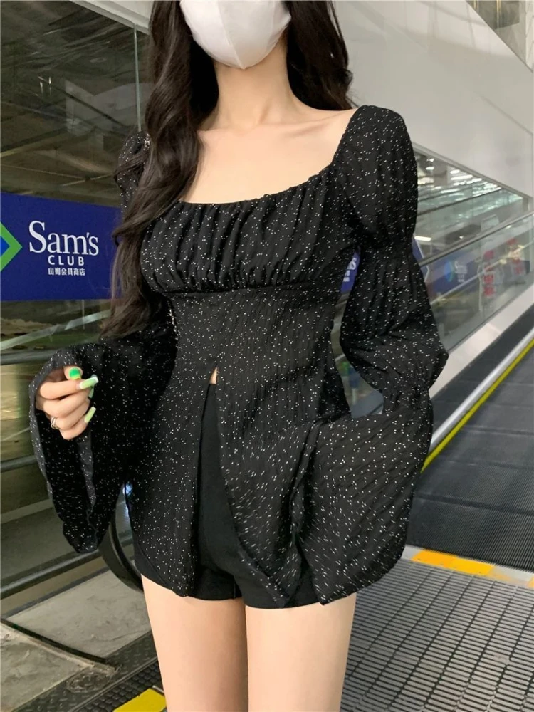 Chicพิมพ์เสื้อวินเทจเสื้อผ้าผู้หญิงFlareแขนเกาหลีแยกเสื้อ 2025 Camisas De Mujer Slashคอเสื้อแฟชั่น