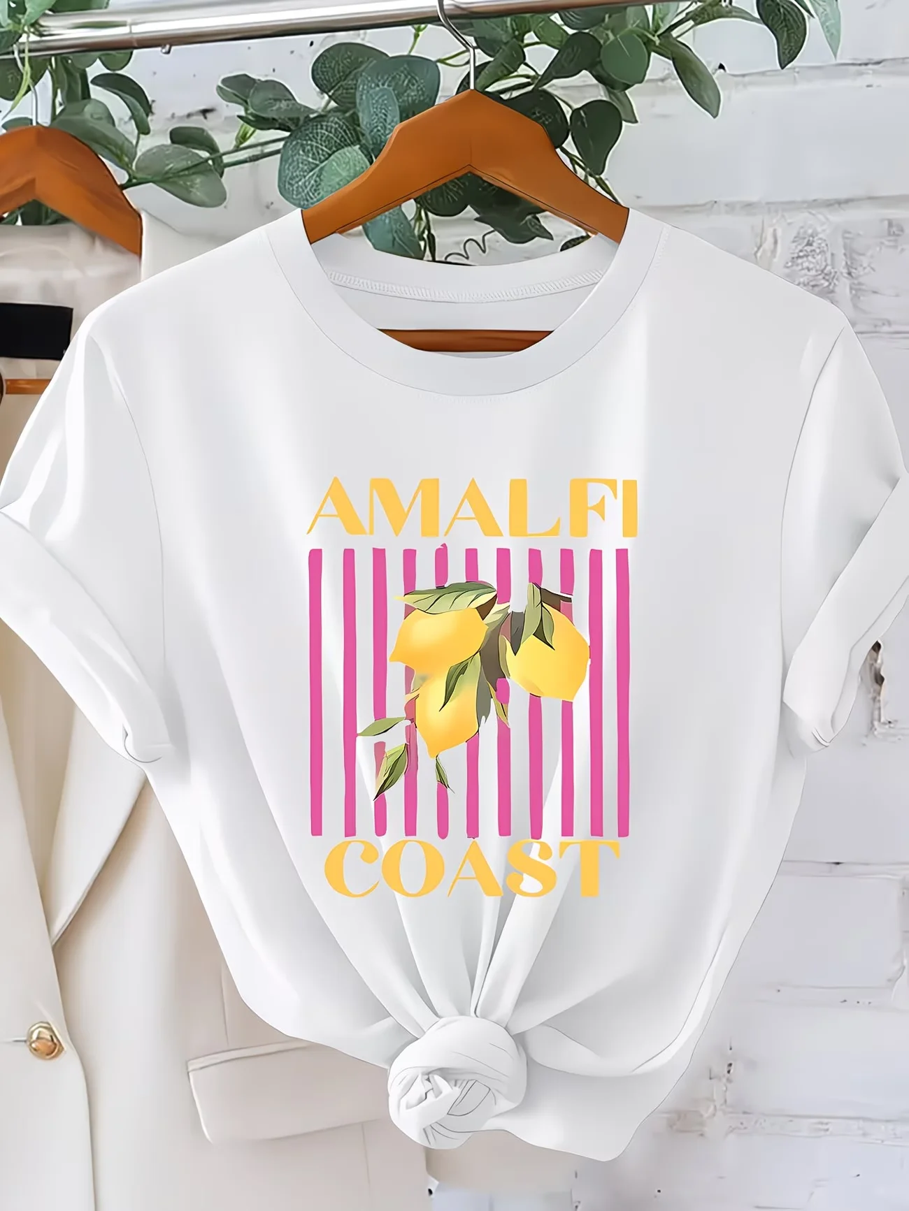 Camiseta de la costa de Amalfi para mujer, camisetas gráficas con estampado de frutas y limones, camisetas con estampado de rayas rosas Retro, camisetas de manga corta con cuello redondo para vacaciones en Italia