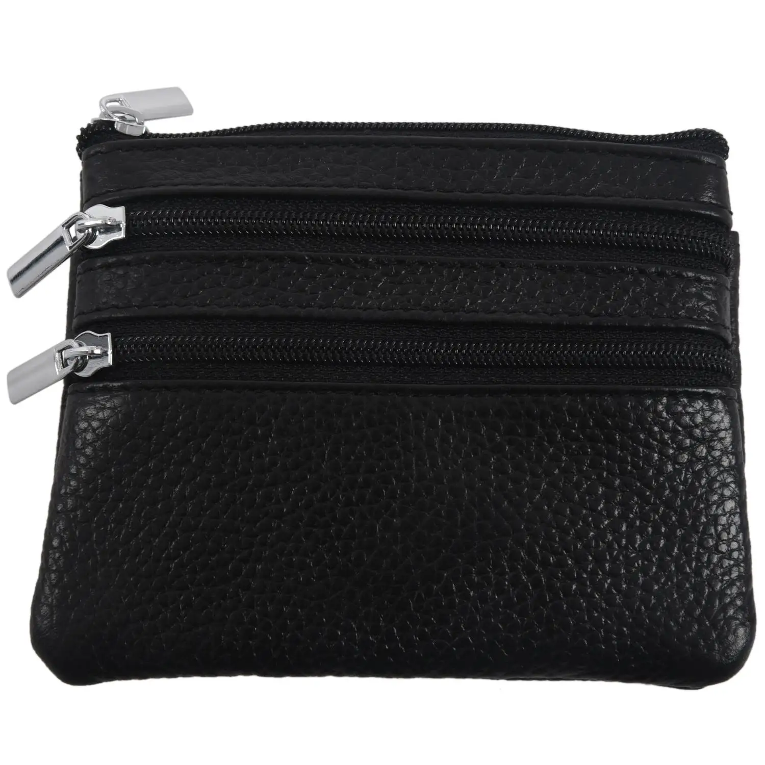 Leather Change Coin Purse with 4 Pockets and Keychain for Women Black