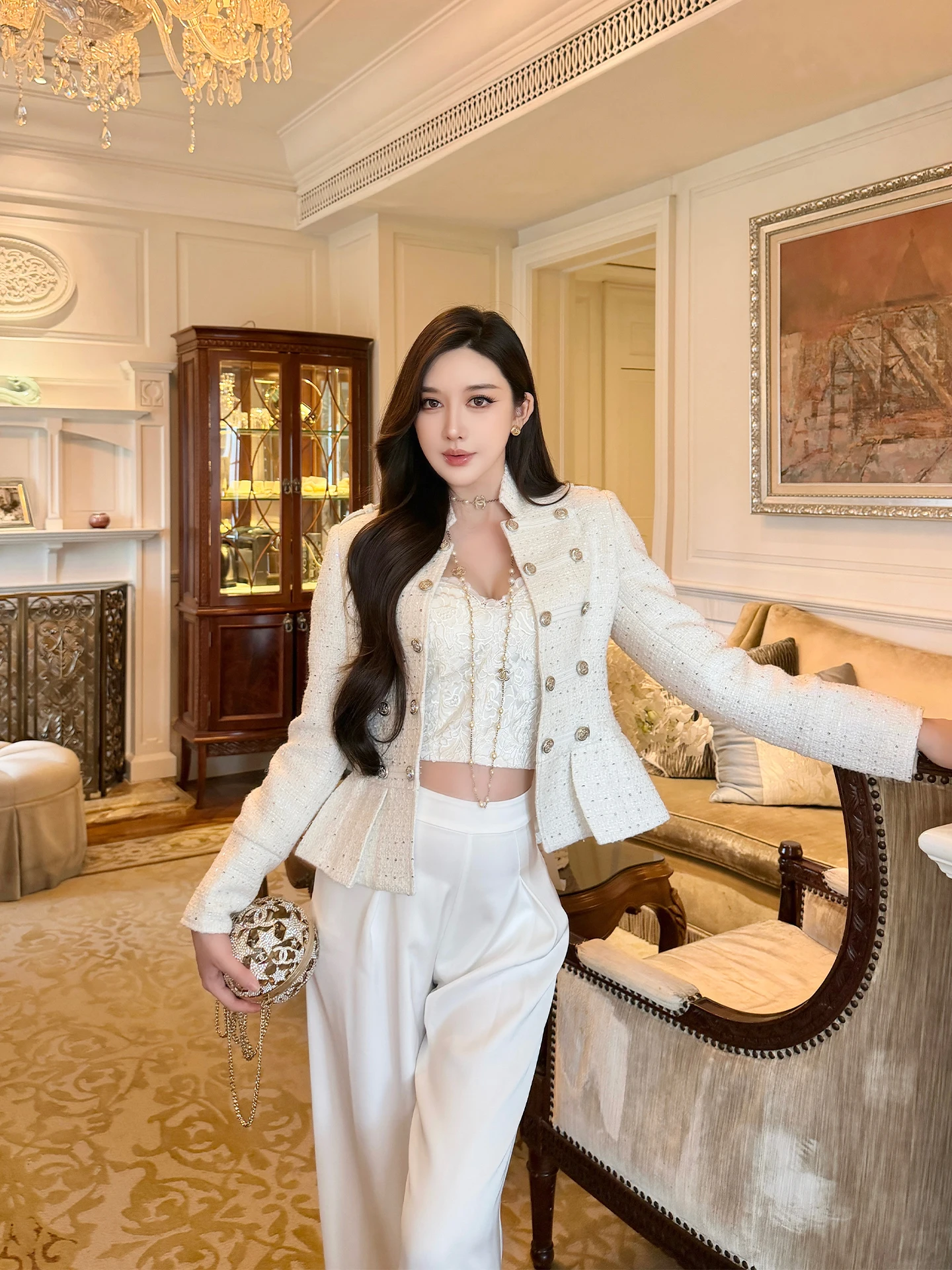 

anxi 30 Wool Sequin Jaet Women's Luxury Court Leather Strap Stand Collar Multi-Button Upper Body Ele Faion Spring New