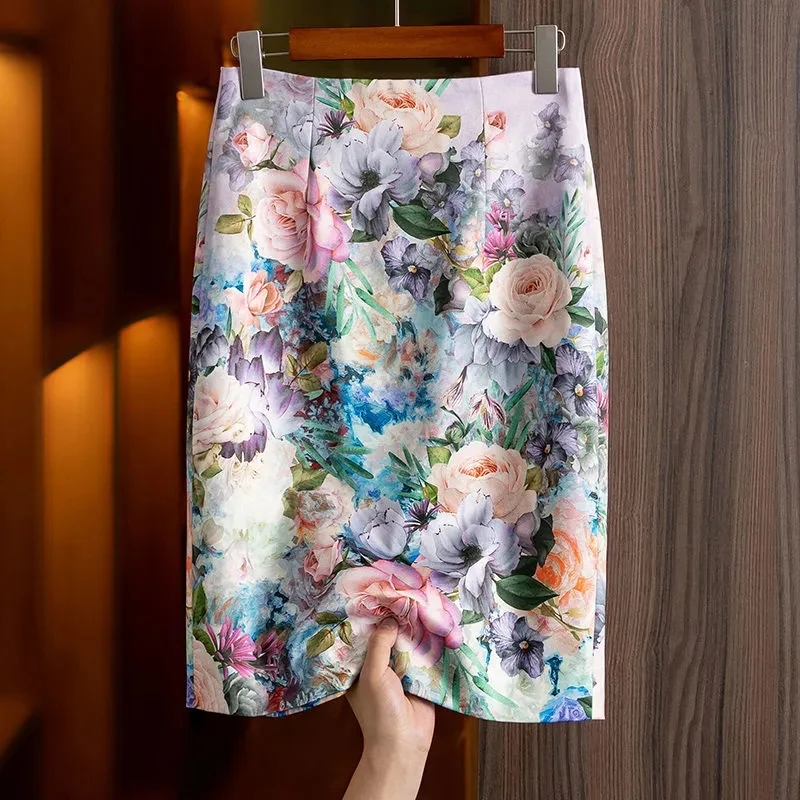 Skirts Womens 2023 Summer New Vintage Elegant Foreign Style Rose Print Skirts All-match Mid-length A-line Skirt Faldas Aesthetic