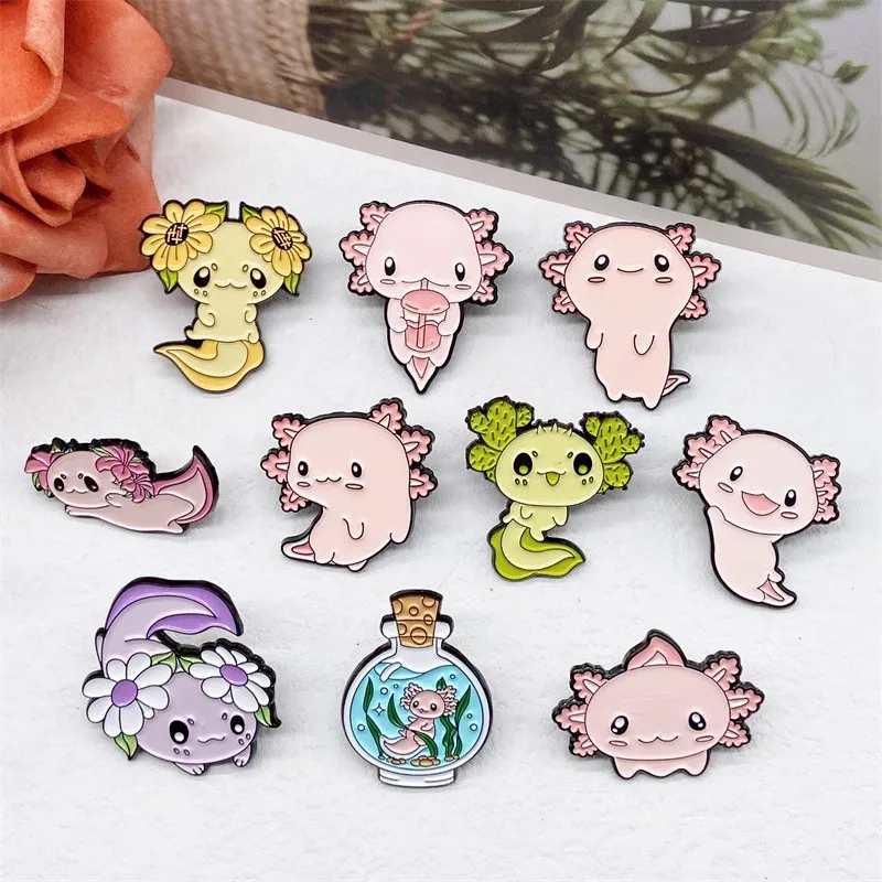 Cute Salamander Enamel Brooch Creative Giant Salamander Ice Cream Flower Marine Animal Lapel Pins Backpack Jewelry Gifts For Kid