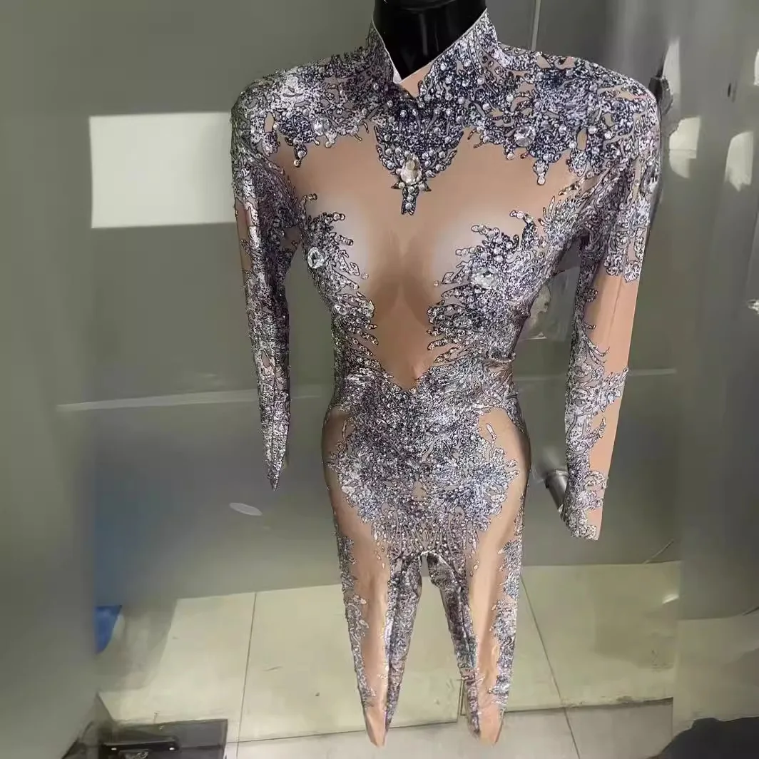 

Birthday Female Song DjDs Stage Suit High-altitude Sexy Fake Meat Rhinestone Print Jumpsuit Performance Costume Vestido De Noche