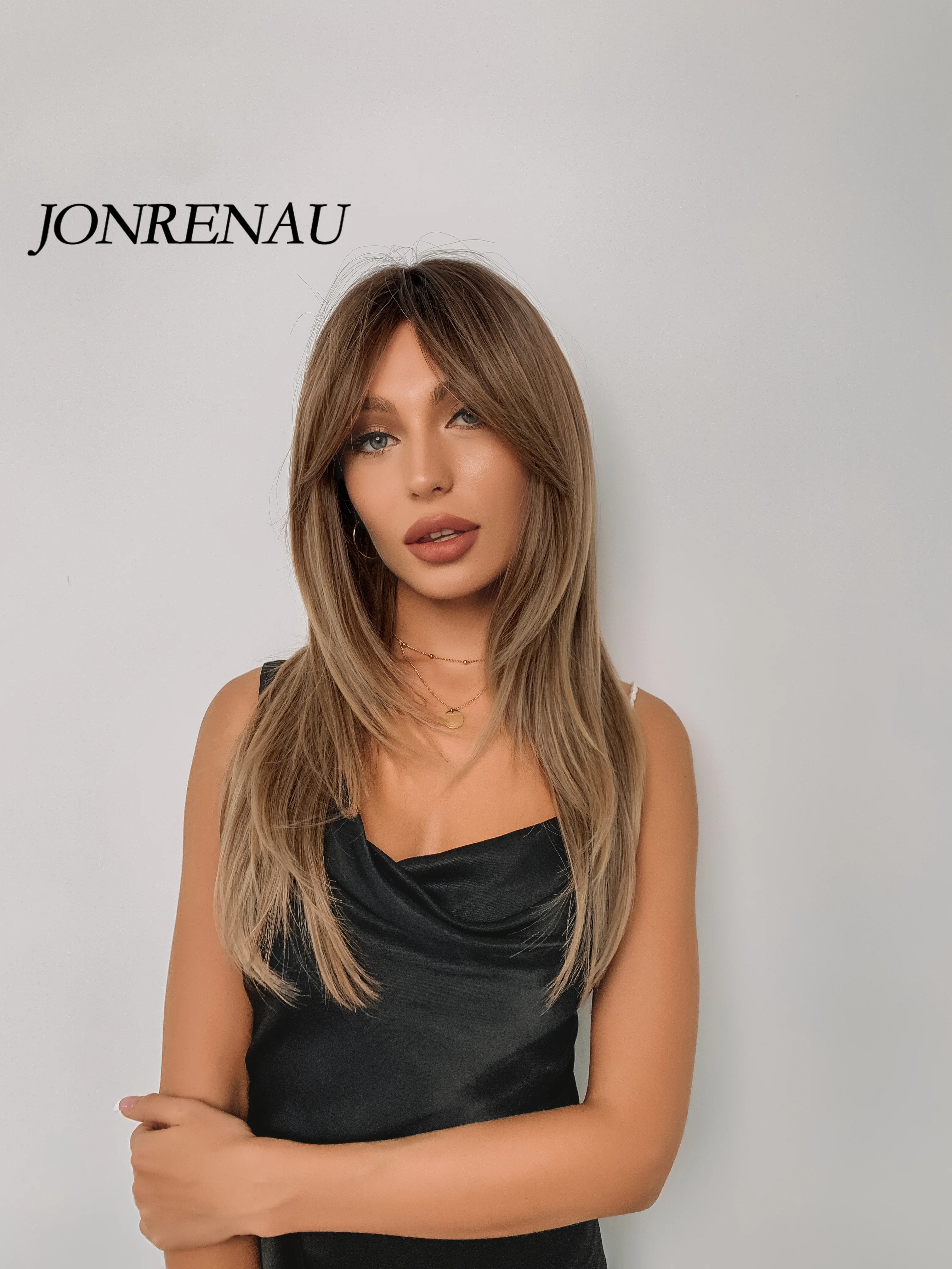 JONRENAU-Peluca de cabello largo y liso con flequillo para mujer, pelo sintético degradado, negro oscuro, marrón a rubio, para fiesta, uso diario,