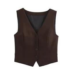 Women Fashion Front Buttons Cropped Waistcoat Vintage V Neck Sleeveless Female Outerwear Chic Tops 2010/702