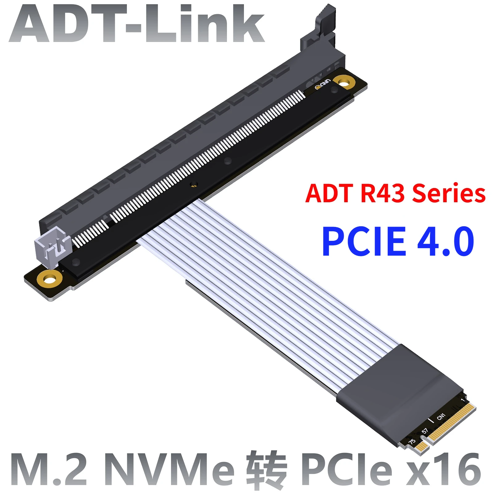 

ADT New Gen4 M.2 NVMe key M Motherboard Monitor to PCIE 4.0 X16 M.2 90 Degree Turn Angled 16x Riser Adapter