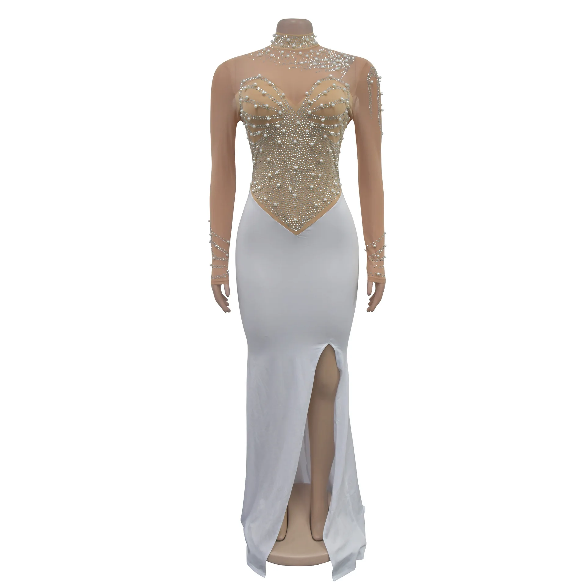 Nueva moda Sexy manga larga cuello redondo lentejuelas malla transparente Color sólido Slim Fit Split vaina vestido hasta el suelo para mujer, 3 colores