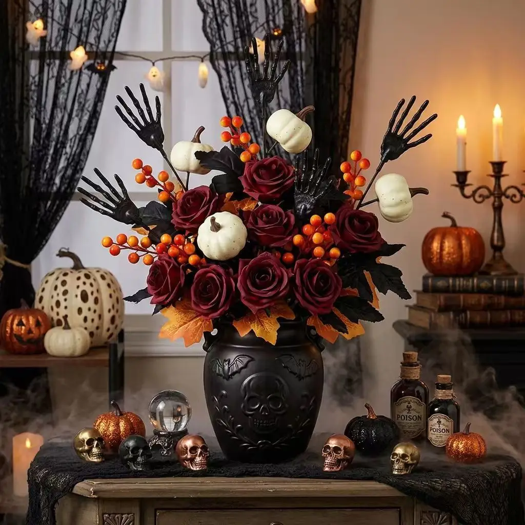 Yannew 8pcs Halloween Black Maple Leaves Rose Branches Stems with Pumpkin Skeleton Berry for Haunted House Gothic Floral Decor