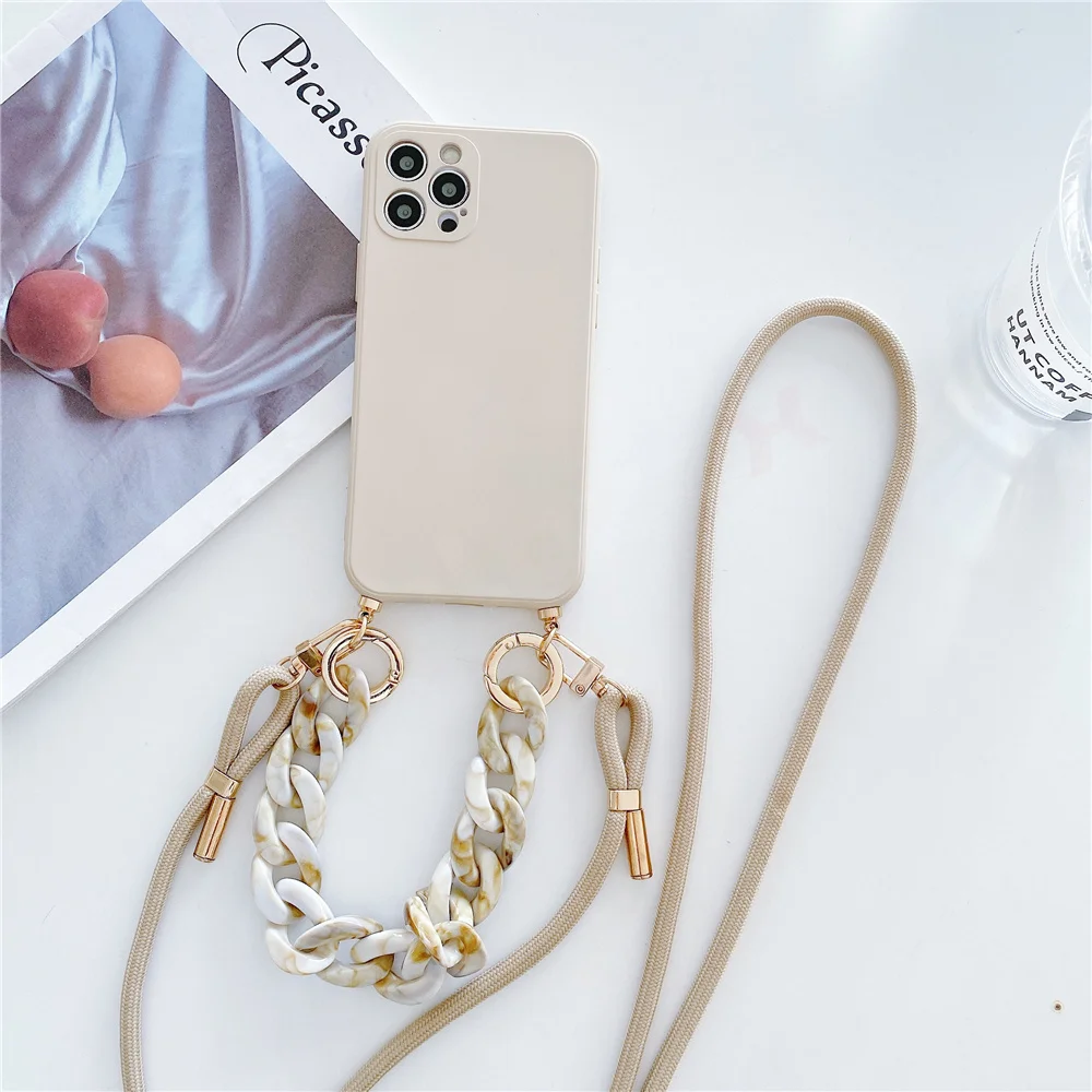 Luxury Marble Agate Chain Crossbody Lanyard Phone Case for iPhone 14 13 15 Pro Max 12 Mini 11 X XS XR Plus Liquid Silicone Cover