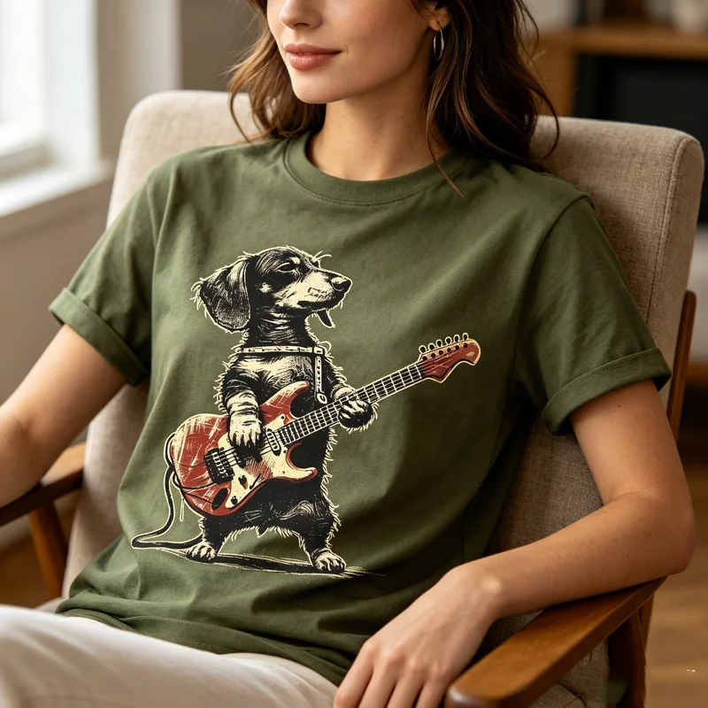 Dachshund Playing Electric Guitar Graphic T Shirt Rock Music Puppy Art Tee Punk Pet Musician Casual Cotton Top For Men Women