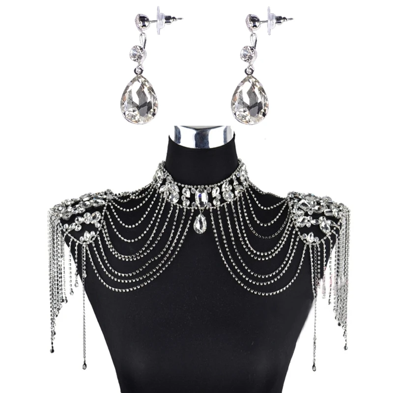 

Wedding Bridal Crystal Necklace Tassel Shoulder Chain with Teardrop Earrings Set