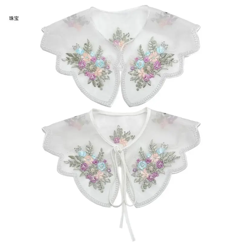 

X5QE Women's Small Capelet False Collar with Embroidery Colorful Flower Beaded Organza Shawl Scarf for Collarless Clothing