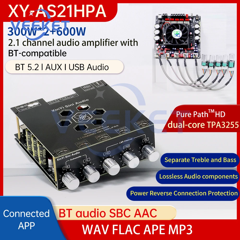 AS21HPA High-Power BT Digital Amplifier Board 2.1 Channel Subwoofer 300W*2+600W HiFi Sound Quality Dual TPA3255 for Speakers