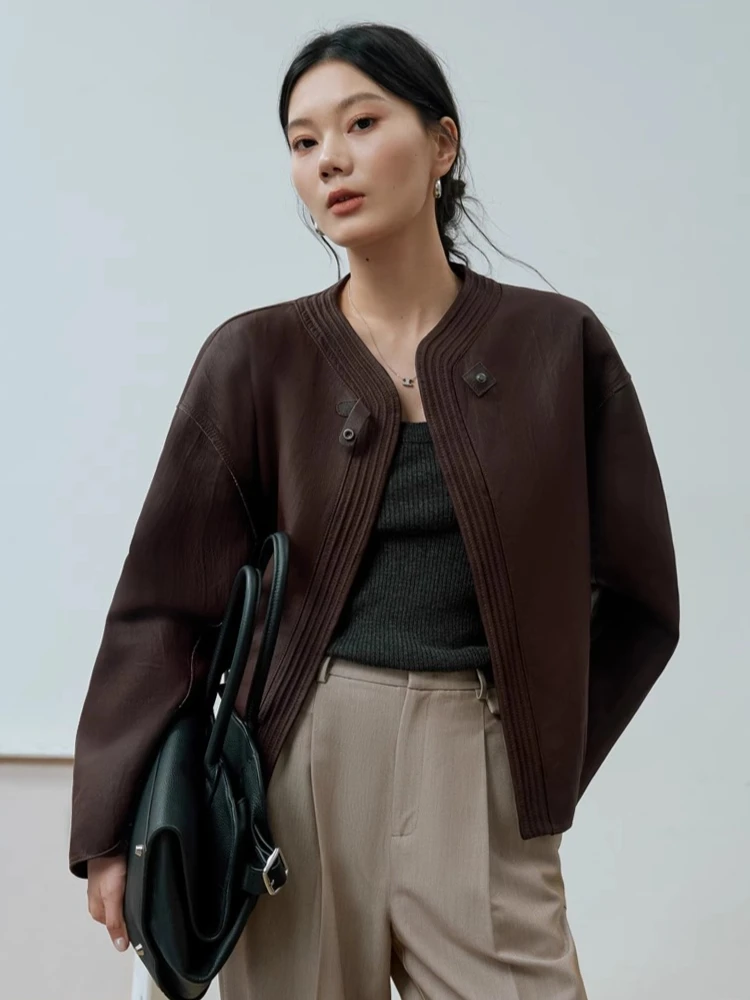 Vintage Short Genuine Leather Jackets for Women Spring Autumn 2025 New High-end Simple Bark Texture Soft Real Sheepskin Coat