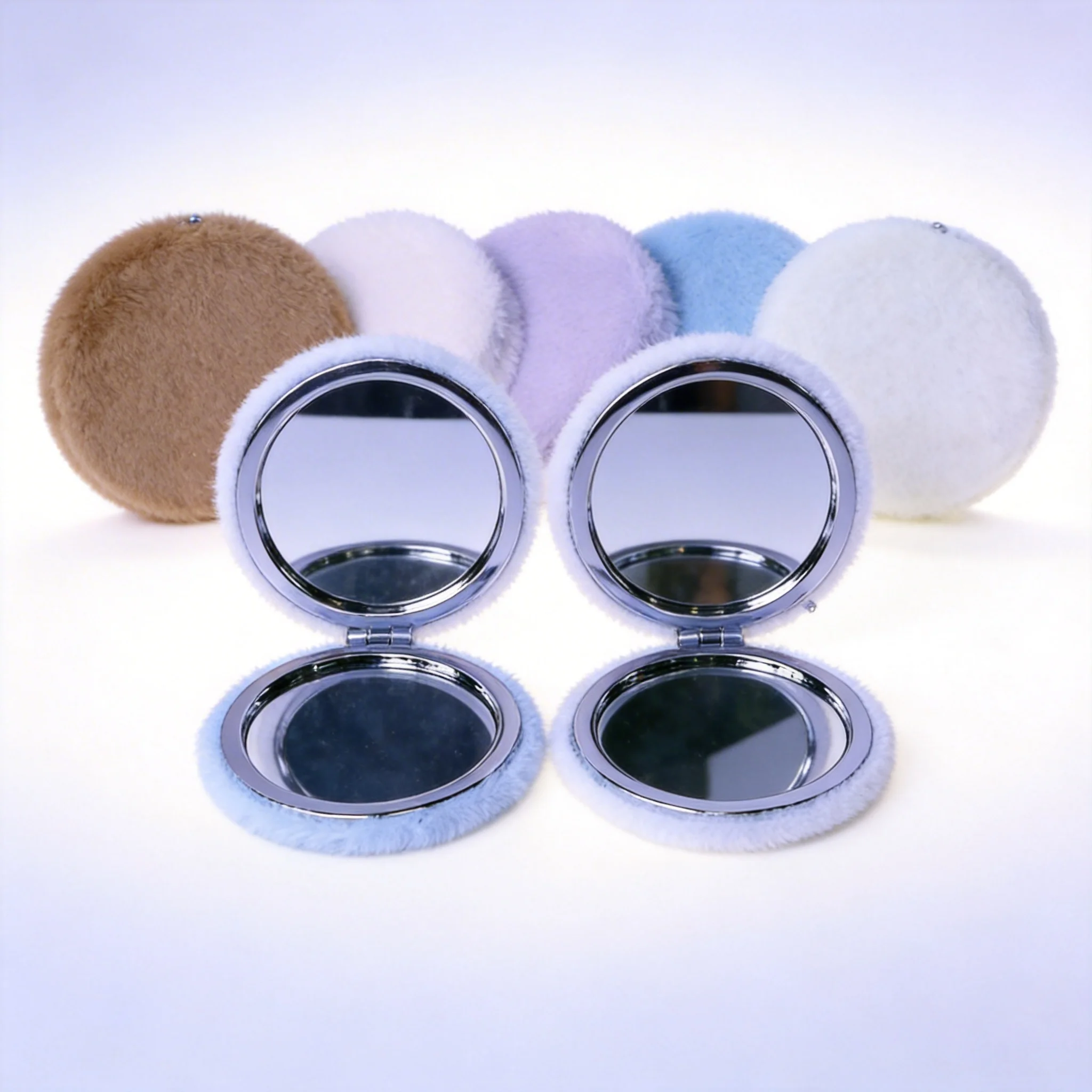 Fluffy Fur Compact Mirror Portable Dual Pane Travel Glass Tiny Cute Shaving Reflection Tablet Women Aesthetic Purse Accessories