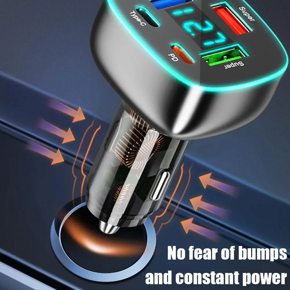 Multiport USB Car Charger Ultra Fast PD Fast Charging Intelligent Digital Display Adopts High Quality Fireproof Material Shell