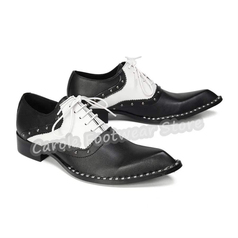 Male Mixed Color Genuine Leather Rivet Decor Loafers British Style Pointed Toe Chunky Heel Lace-Up Oxfords Large Size Men Shoes