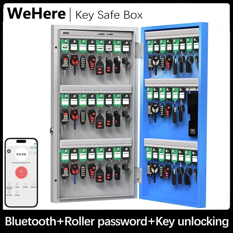 WeHere 48 Key Lock Box, Intelligent Wall Mounted Key Storage Cabinet,OTP/APP Bluetooth/fixed Code Unlocking Key Management Safe