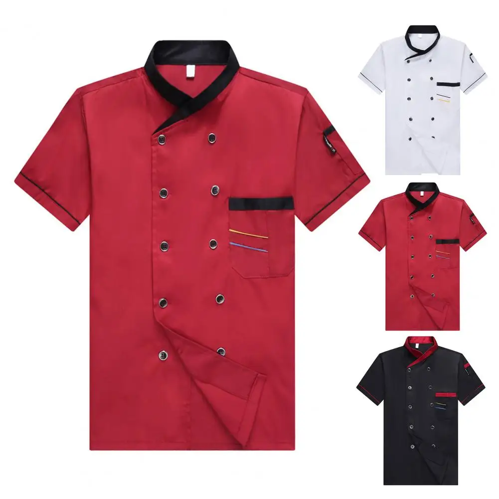 Chef Shirt Double-breasted Patch Pocket Stand Collar Buttons Short Sleeves Cooking Restaurant Unisex Plus Size Chef Uniform