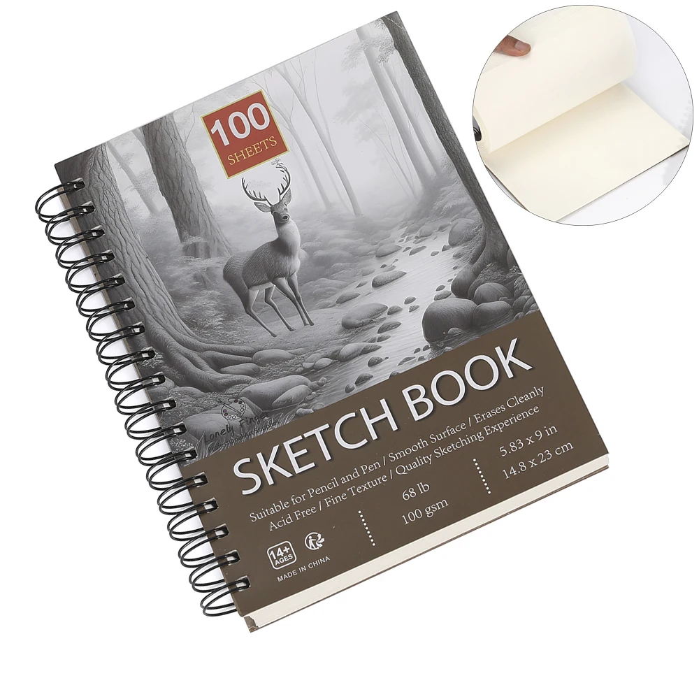 

5.83"x9" Premium Sketch Paper Book , 100 Sheets, 68lb (100gsm), Spiral Bound, Acid-Free Drawing Paper, Ideal for Students Adults